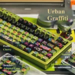 Close-up of the Urban Graffiti Keycap Set, showcasing various metallic PBT keys with vibrant street art designs from multiple angles.