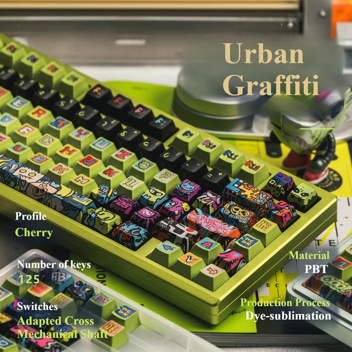 Close-up of the Urban Graffiti Keycap Set, showcasing various metallic PBT keys with vibrant street art designs from multiple angles.