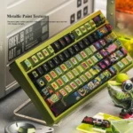 An angled view of the Urban Graffiti Keycap Set, emphasizing the bold metallic PBT keys with vibrant street art designs and unique typograph.