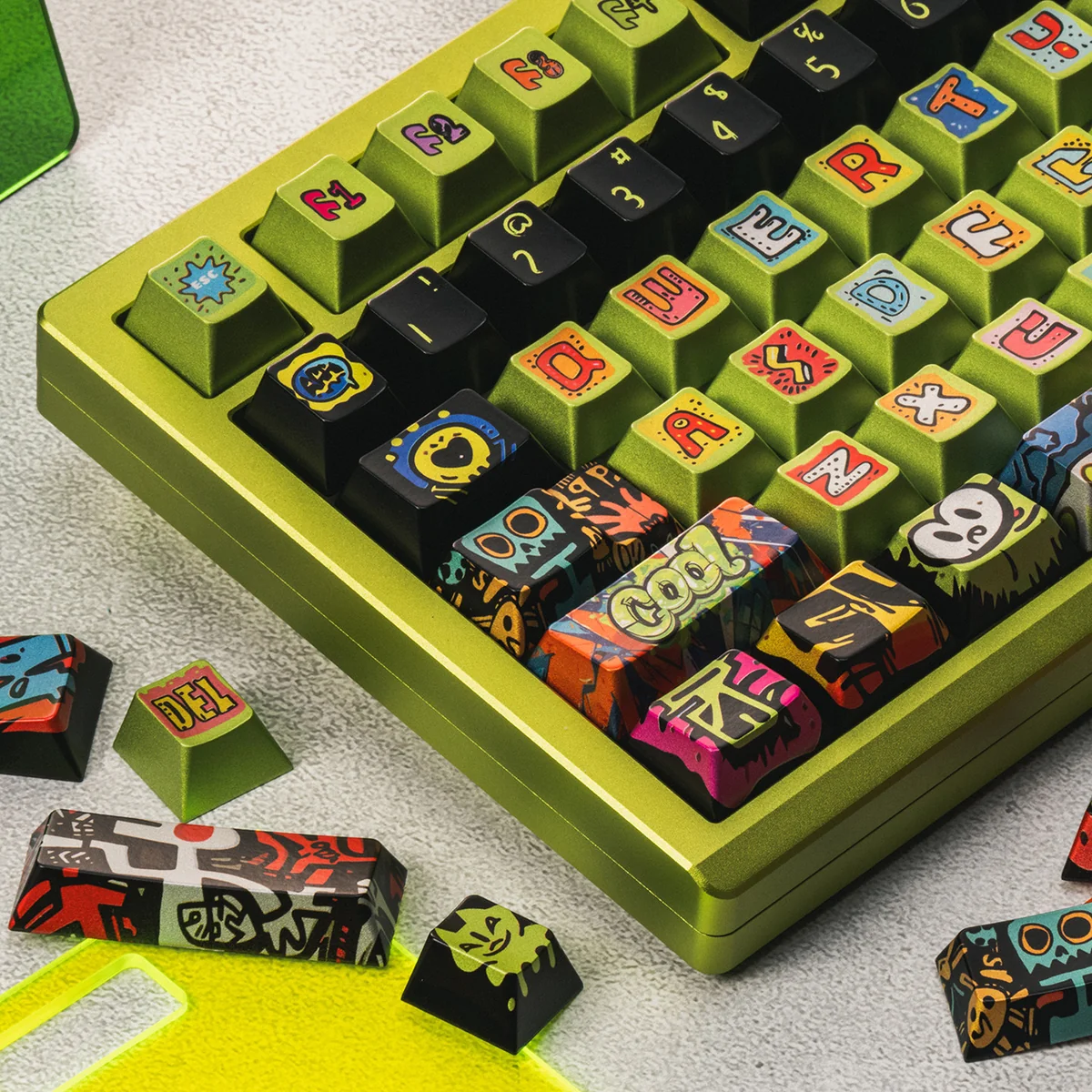 Metallic PBT Urban Graffiti Keycap Set, displaying its vibrant street art designs and bold typography from a dynamic, edgy perspective.