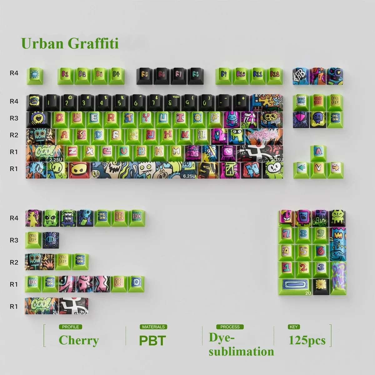 Bold Metallic Graffiti PBT Keycap Set, showcasing vibrant urban street art and edgy typography for a striking custom keyboard aesthetic.