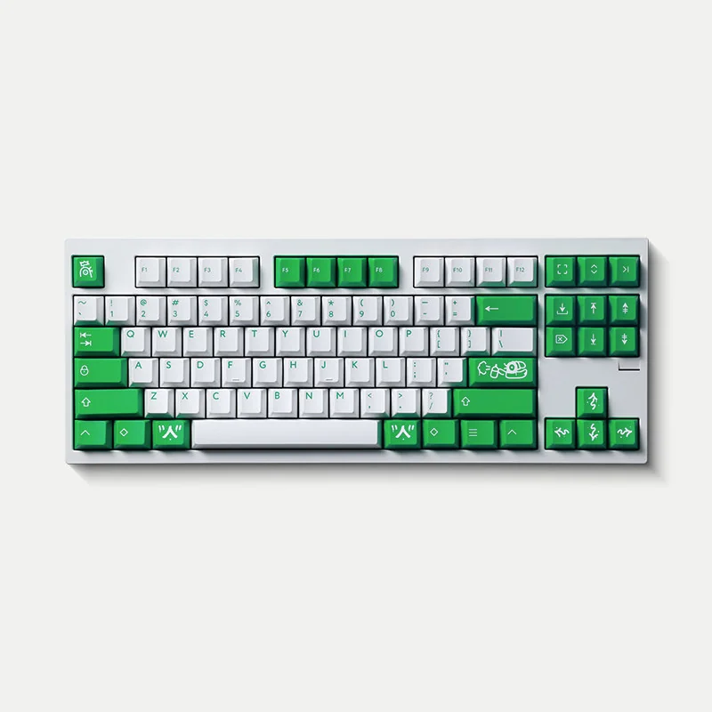 Playful Mischief keycaps in vibrant green double-shot ABS, showcasing quirky custom legends from multiple angles for an energetic display.