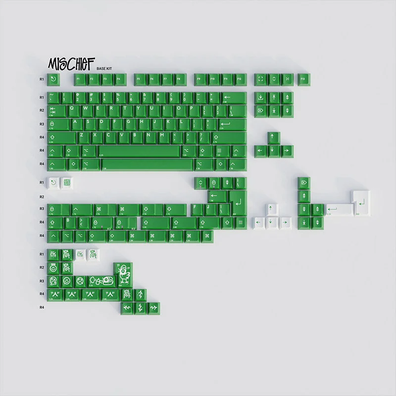 Close-up of vibrant green Mischief Keycaps, highlighting playful custom legends and durable double-shot ABS. Energetic angles showcase the quirky aesthetic.