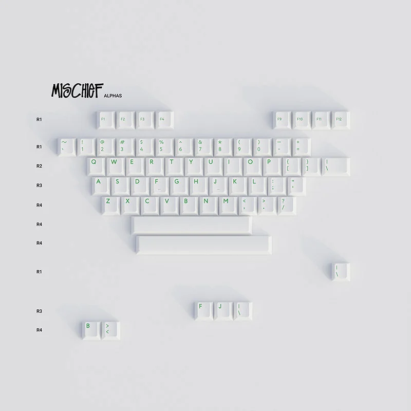 Playful Mischief Keycaps in vibrant green double-shot ABS, featuring the complete Base Kit and quirky Novelties Kit for an energetic custom keyboard.