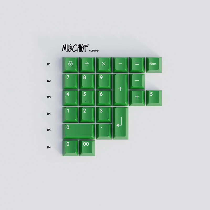 Playful Mischief Alpha Kit keycaps in vibrant green, crafted from durable double-shot ABS, featuring quirky custom legends for an energetic keyboard.