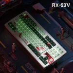 Nu Gundam RX-93 PBT keycaps. Premium texture, iconic Gundam colors, futuristic mecha aesthetics, and geometric patterns are clearly visible.