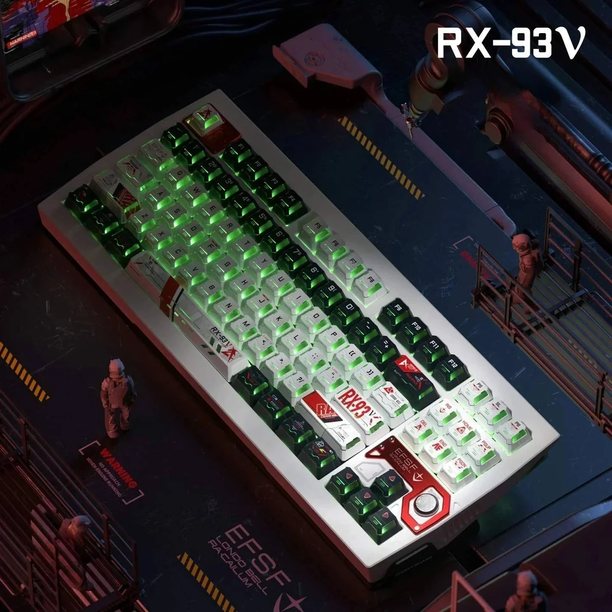 Nu Gundam RX-93 PBT keycaps. Premium texture, iconic Gundam colors, futuristic mecha aesthetics, and geometric patterns are clearly visible.