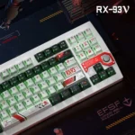 Iconic Nu Gundam RX-93 PBT keycap set. Premium Gundam keycaps with futuristic mecha aesthetics, vibrant RX-93 colors, and star-prism patterns.
