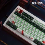 Iconic Nu Gundam RX-93 PBT keycap set, featuring premium colors, futuristic mecha aesthetics, and star-prism patterns from multiple angles.