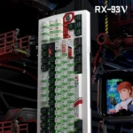 Iconic Nu Gundam RX-93 PBT keycap set. Premium Gundam keycaps, futuristic mecha, vibrant RX-93 colors, geometric star-prism patterns.