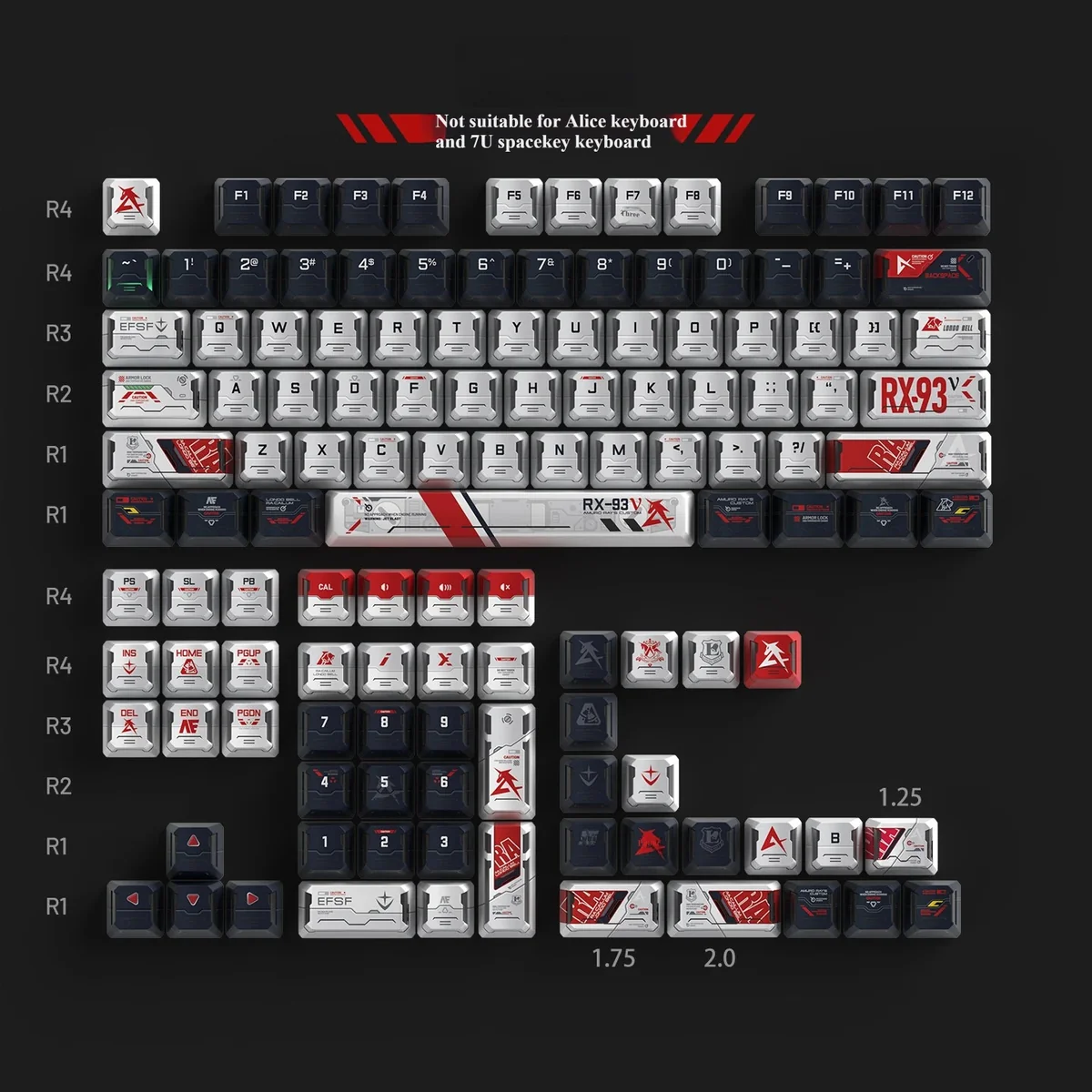 Iconic Nu Gundam RX-93 PBT keycap set, featuring premium Gundam keycaps with futuristic mecha aesthetics and geometric star-prism patterns.