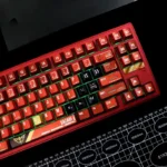 Premium Gundam MSN-04 Sazabi Keycaps Set shown from various angles, emphasizing its striking metallic PBT finish and intricate dye-sublimated Sazabi mecha details.