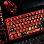 Gundam MSN-04 Sazabi Keycaps Set, a premium collection showcasing various angles of its striking metallic PBT finish and intricate Sazabi mecha design.