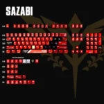 Premium Gundam MSN-04 Sazabi Keycaps Set displayed from various angles, showcasing the striking metallic PBT finish and intricate dye-sublimated mecha details.