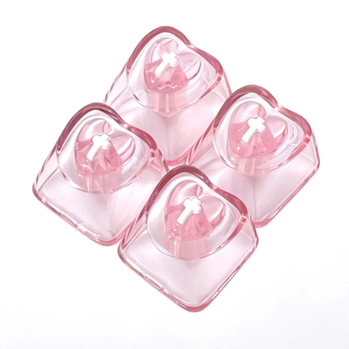 Luminous heart keycaps for mechanical keyboards, showcasing their vibrant translucent glow and polished mirror finish in an artistic gallery.