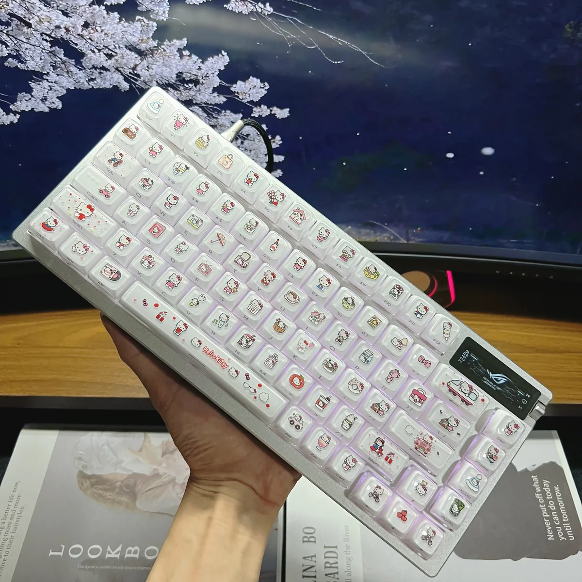 A playful close-up of Hello Kitty MDA jelly keycaps, showcasing their cute semi-translucent pink and white design from an appealing angle.