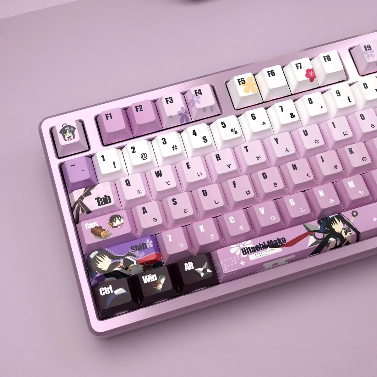 Hitachi Mako translucent PBT keycaps gallery, featuring vibrant anime art and dynamic RGB backlighting. See the unique charm from multiple angles.