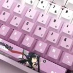 This gallery reveals the Hitachi Mako translucent PBT keycap set, showcasing vibrant anime art and dynamic RGB backlighting from various artistic angles.