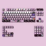 Hitachi Mako translucent PBT keycap set gallery, featuring vibrant anime character art and dynamic RGB backlighting from diverse angles.
