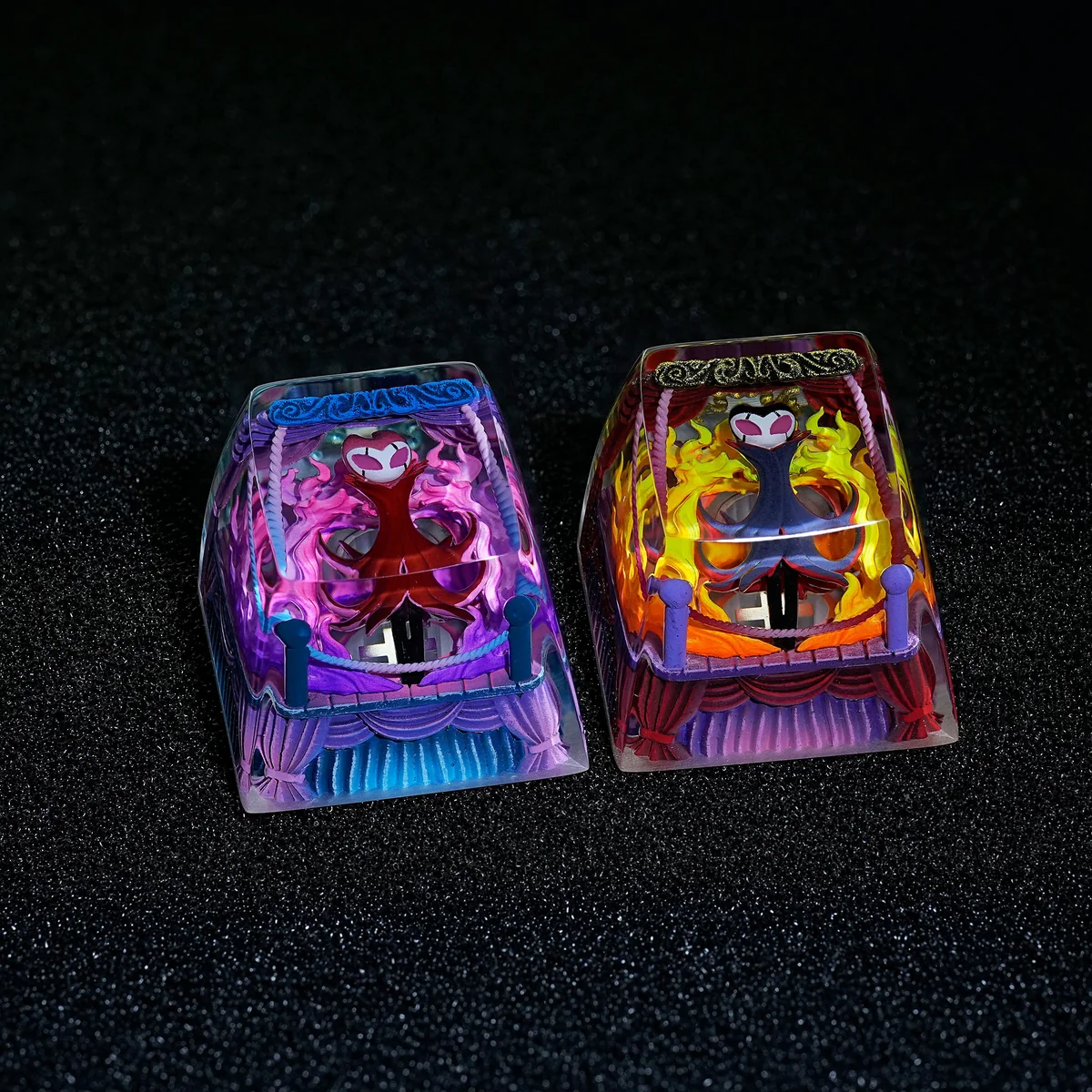 Artisan Hollow Knight Troupe Master Grimm Keycap, showcasing intricate character design in vibrant transparent resin and premium SA R1 profile from artistic.
