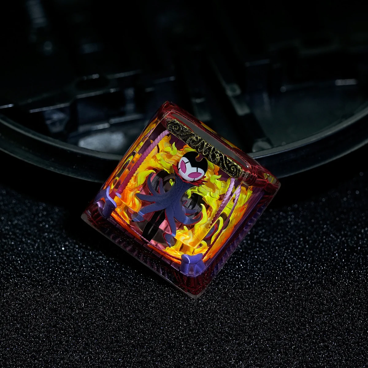 Artisan Hollow Knight Troupe Master Grimm SA R1 keycap, showcasing intricate character detail and vibrant transparent resin from multiple angles.