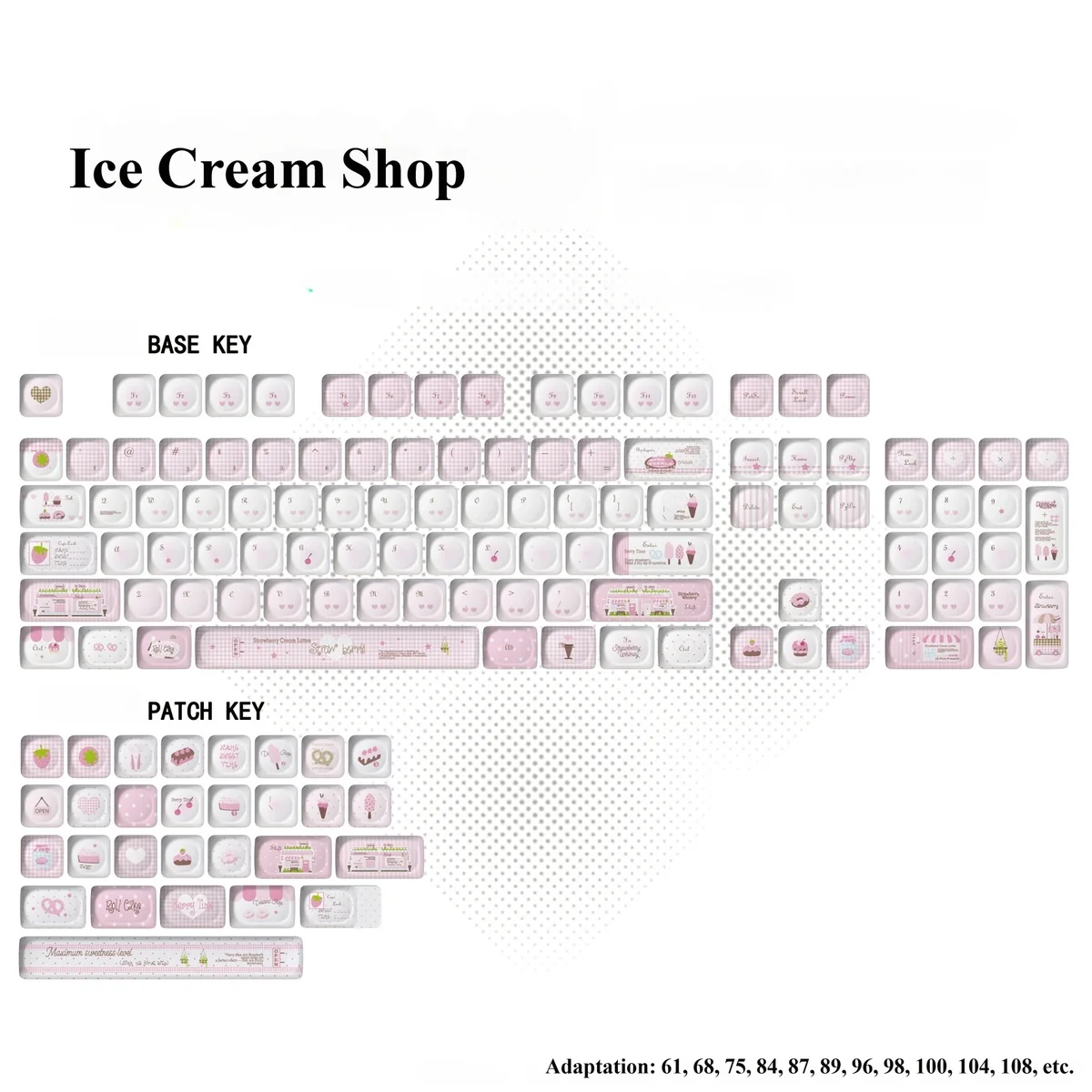 Adorable pink Ice Cream Shop Keycaps set featuring whimsical dessert designs and smooth MOA profile, crafted from durable PBT for a sweet keyboard look.