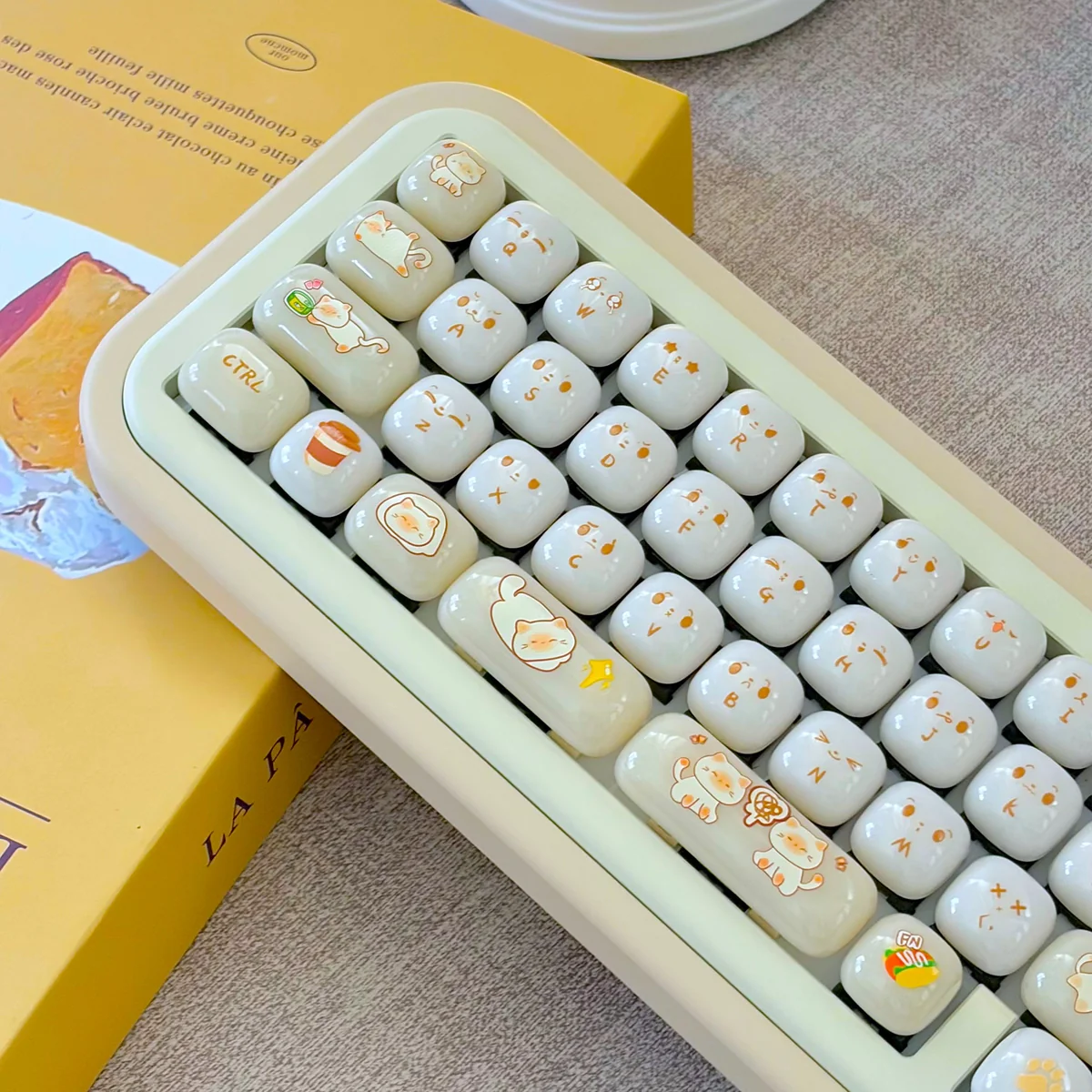 A playful gallery of Cat Keycaps, showcasing their adorable jelly bun design, smooth PC texture, and ergonomic MOG profile from various angles.