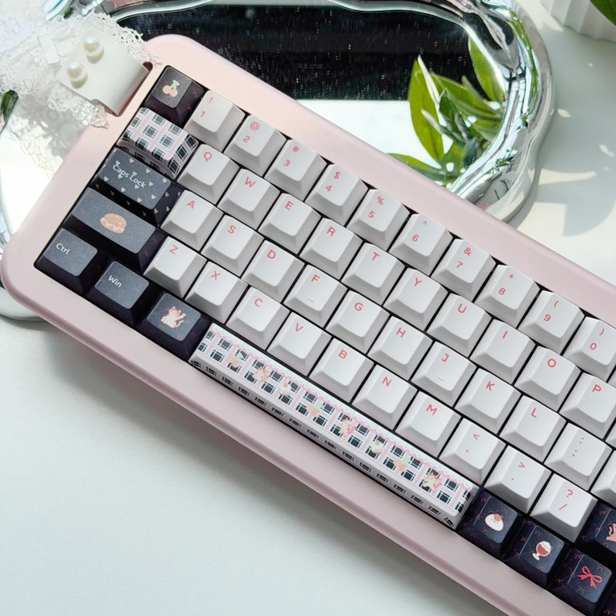 A playful gallery view of the durable PBT dye-sub cat keycap set, featuring whimsical celebrating felines and vibrant designs from multiple angles.