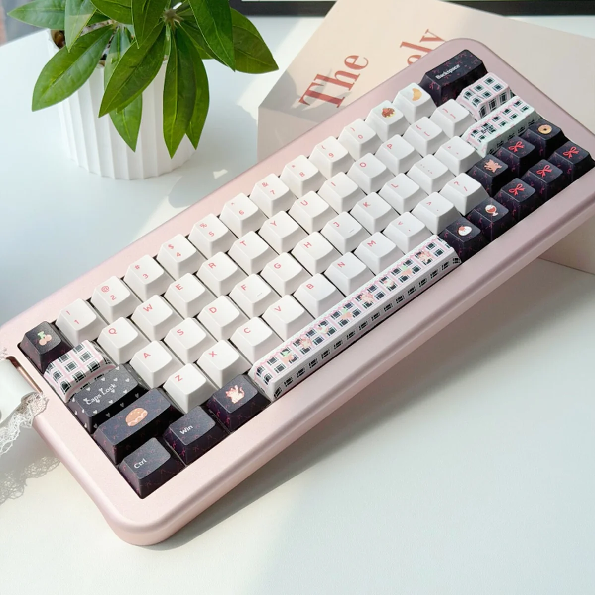 A vibrant, playful Durable PBT Dye-Sub Cat Keycap Set featuring whimsical feline characters celebrating, perfect for a joyful keyboard fiesta.