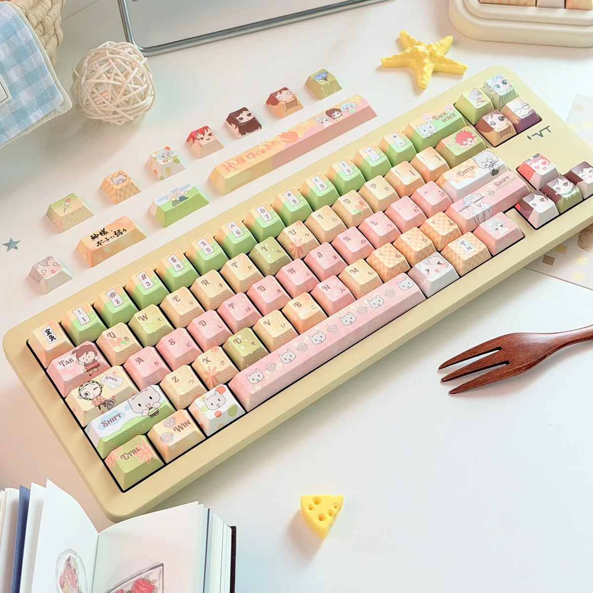 A charming close-up of the exclusive Kamisama Kiss PBT keycaps, highlighting the vibrant anime characters and artistic details from a unique perspective.