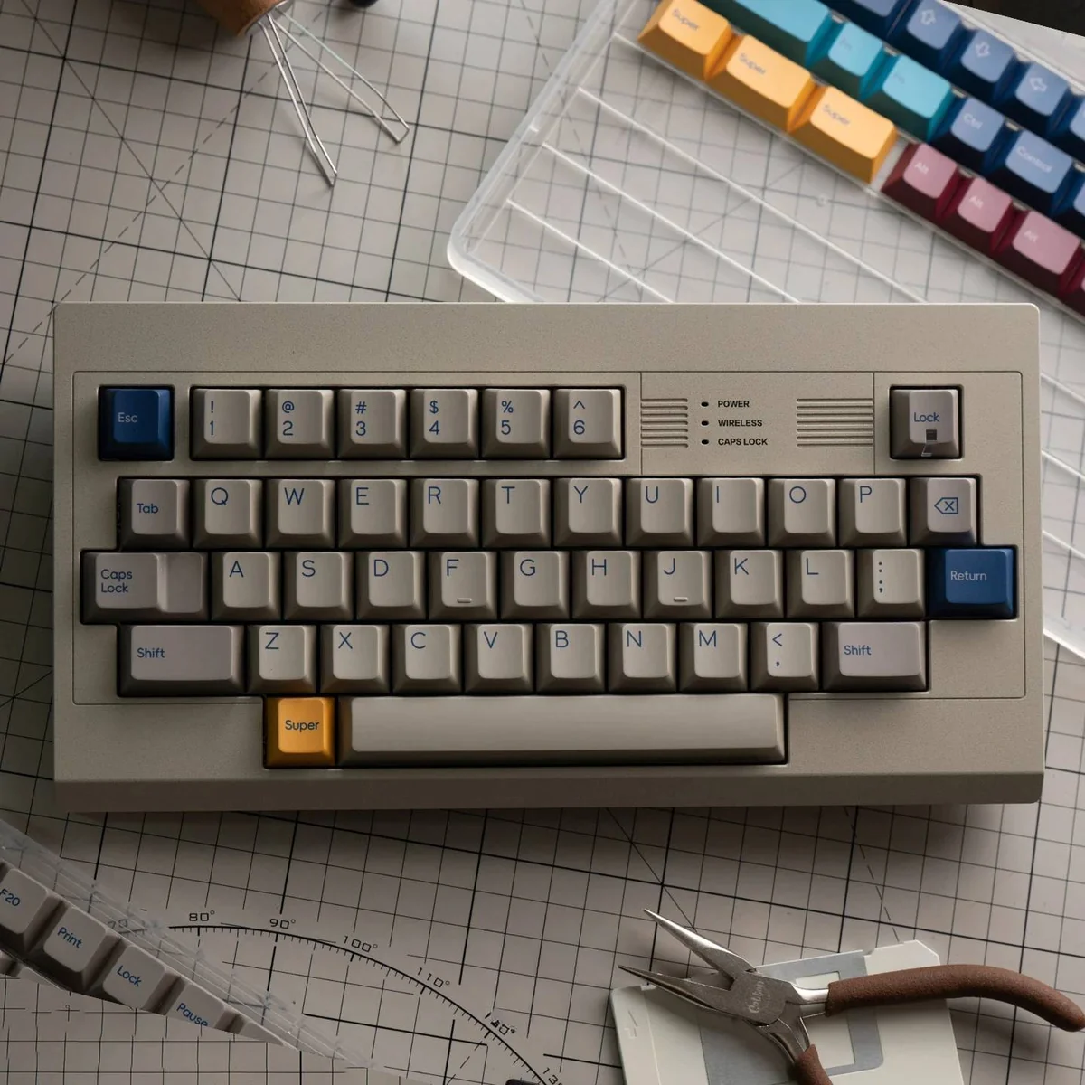 Gallery of Keystone keycaps, emphasizing the luxurious glass microbead skin-like texture and premium minimalist design from diverse angles.