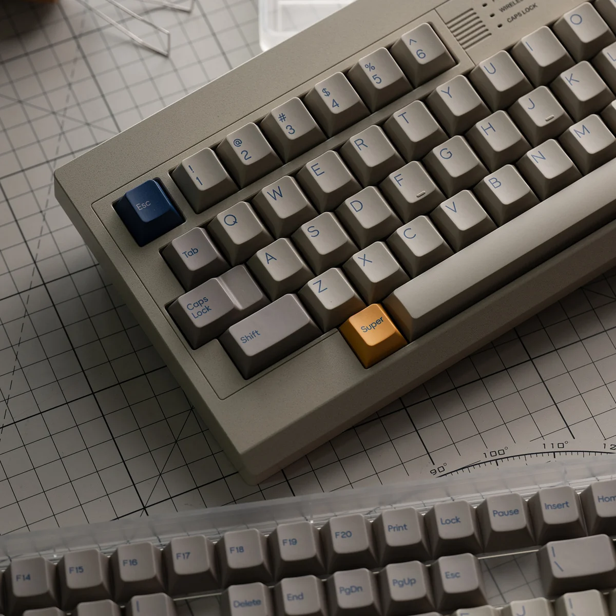 Keystone Keycaps product gallery. Multiple angles reveal the luxurious glass microbead skin-like texture and elegant, minimalist design.