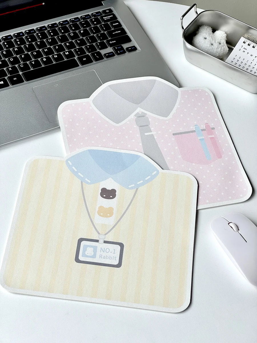 Stylish Korean mouse pad with whimsical shirt design, playful bow tie, and bear, showing its anti-slip base for a premium desk aesthetic.