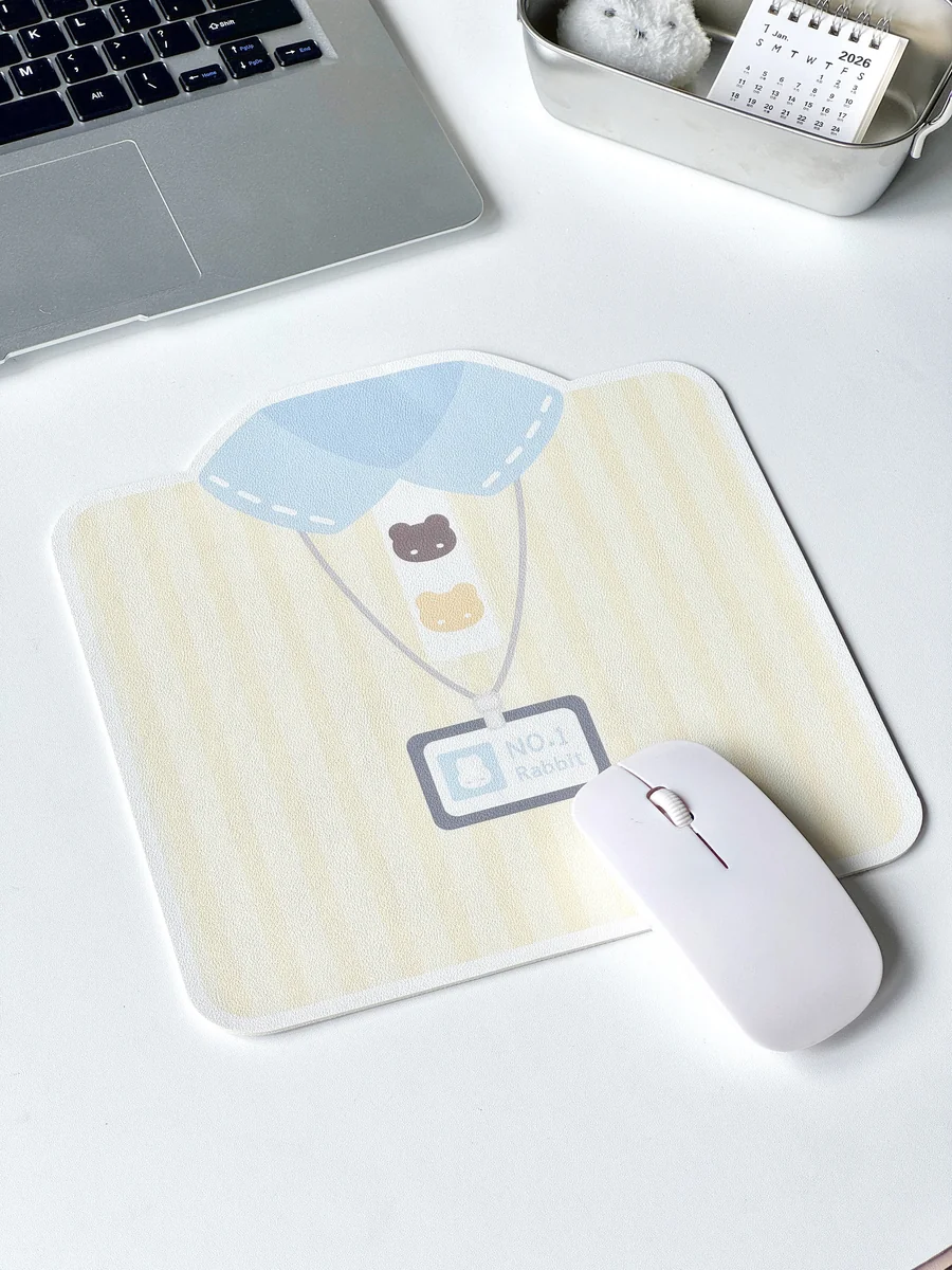 Stylish Korean mouse pad featuring a whimsical shirt design with a cute bear and bow tie motif, showcasing its premium anti-slip surface from a unique design.