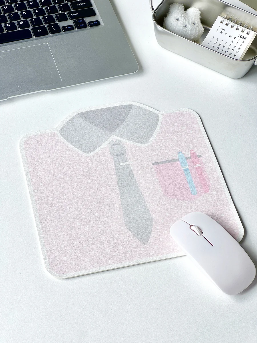 Stylish Korean mouse pad, angled view, revealing its whimsical shirt design, playful bear, and bow tie, plus the premium anti-slip base.