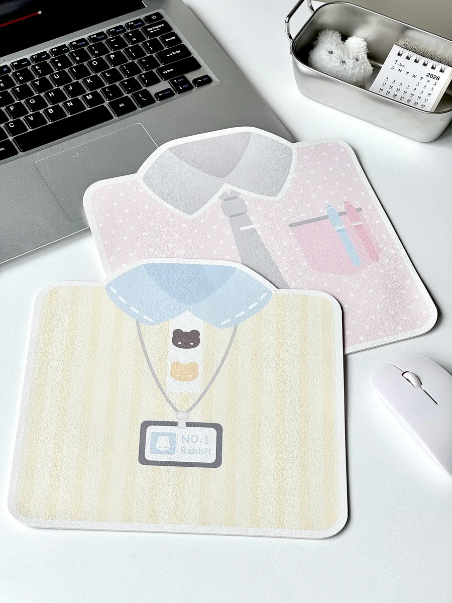 Stylish Korean mouse pad featuring a charming shirt design, playful bow ties, and cute bear motif. This anti-slip desk mat offers a premium aesthetic.