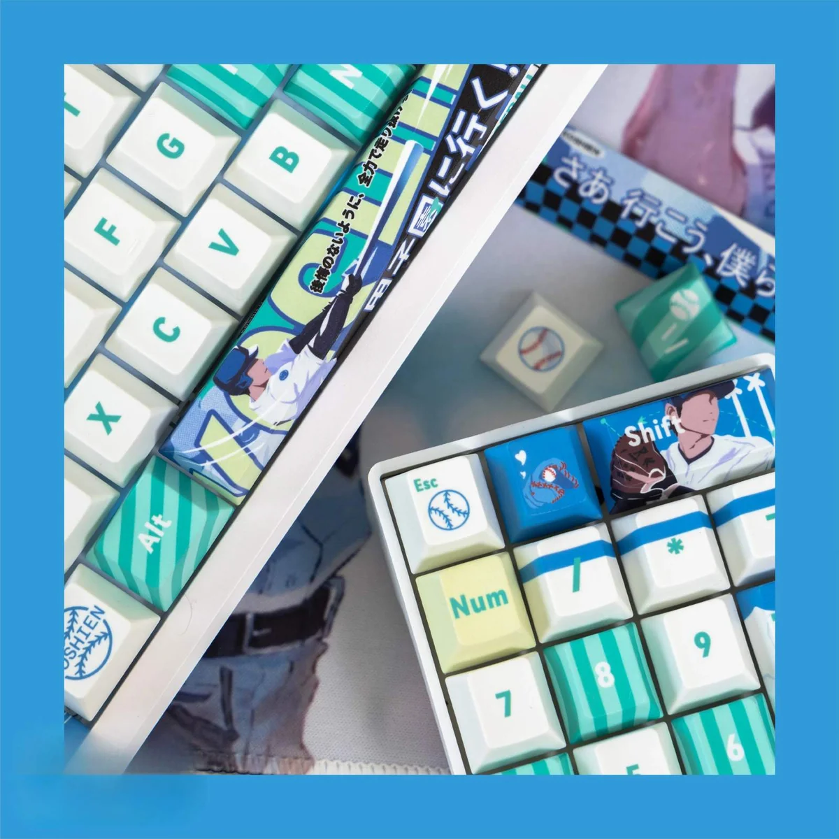 Premium Koshien Baseball PBT Keycaps Set, showcasing iconic field elements and team colors from multiple angles, emphasizing its exclusive design.
