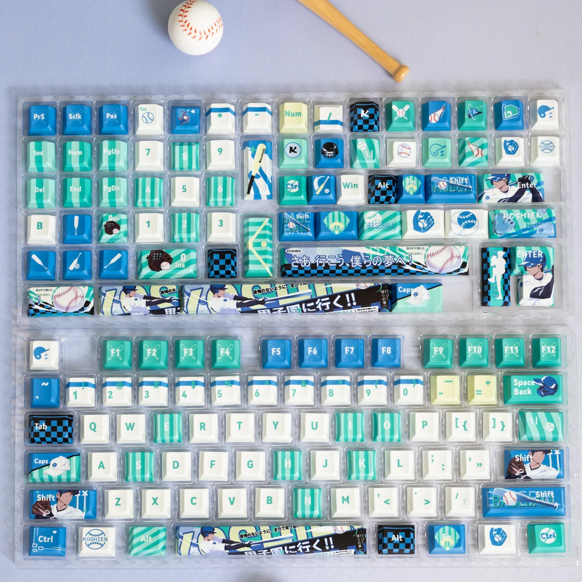 Exclusive Koshien Baseball PBT Keycaps Set displayed, featuring classic team colors and iconic field graphics.