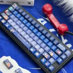 Dreamy La La Land gradient translucent PBT keycaps, shown from various angles, highlighting vibrant sunset and cityscape gradients and artistic design.