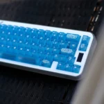 Legendary Gungnir Blue Keycaps showcased from multiple artistic angles, emphasizing their translucent ABS material's ethereal blue glow and Norse mystery power.