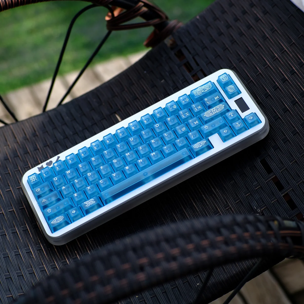 Gungnir Blue Keycaps: A stunning close-up of the legendary translucent blue ABS keycaps, glowing with ethereal elegance, evoking ancient Norse power.