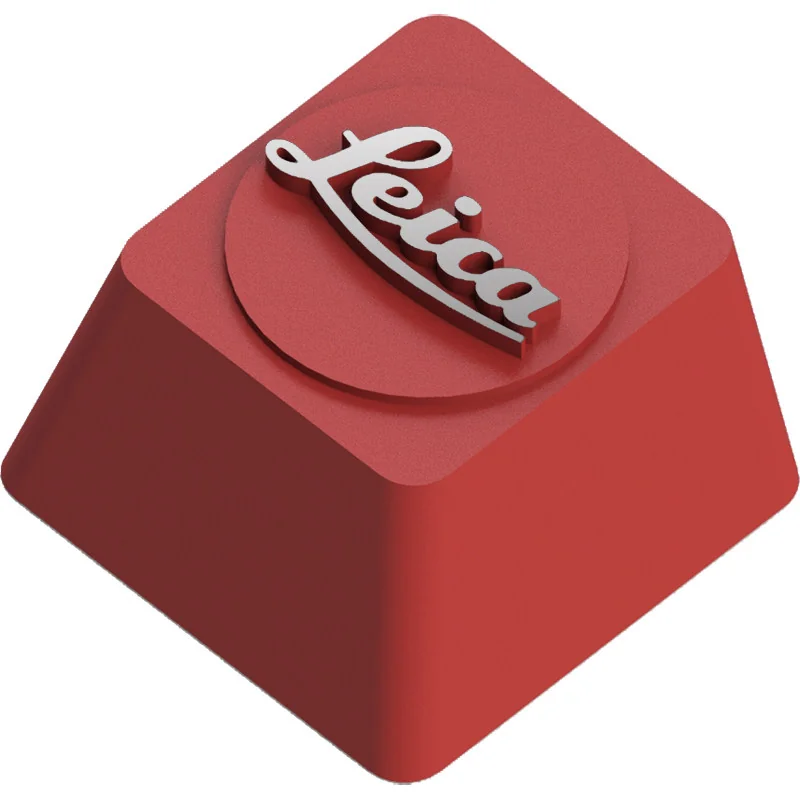 Premium zinc alloy Leica Logo Keycap with striking red embossed iconic logo, detailed from multiple angles for a sleek artisan display.