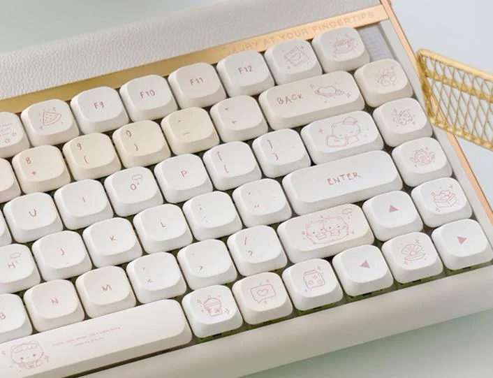 A delightful gallery of Lemon Cream Low Shaft PBT dye-sub keycaps in soft pastel yellow and creamy hues, playfully displayed from multiple angles.