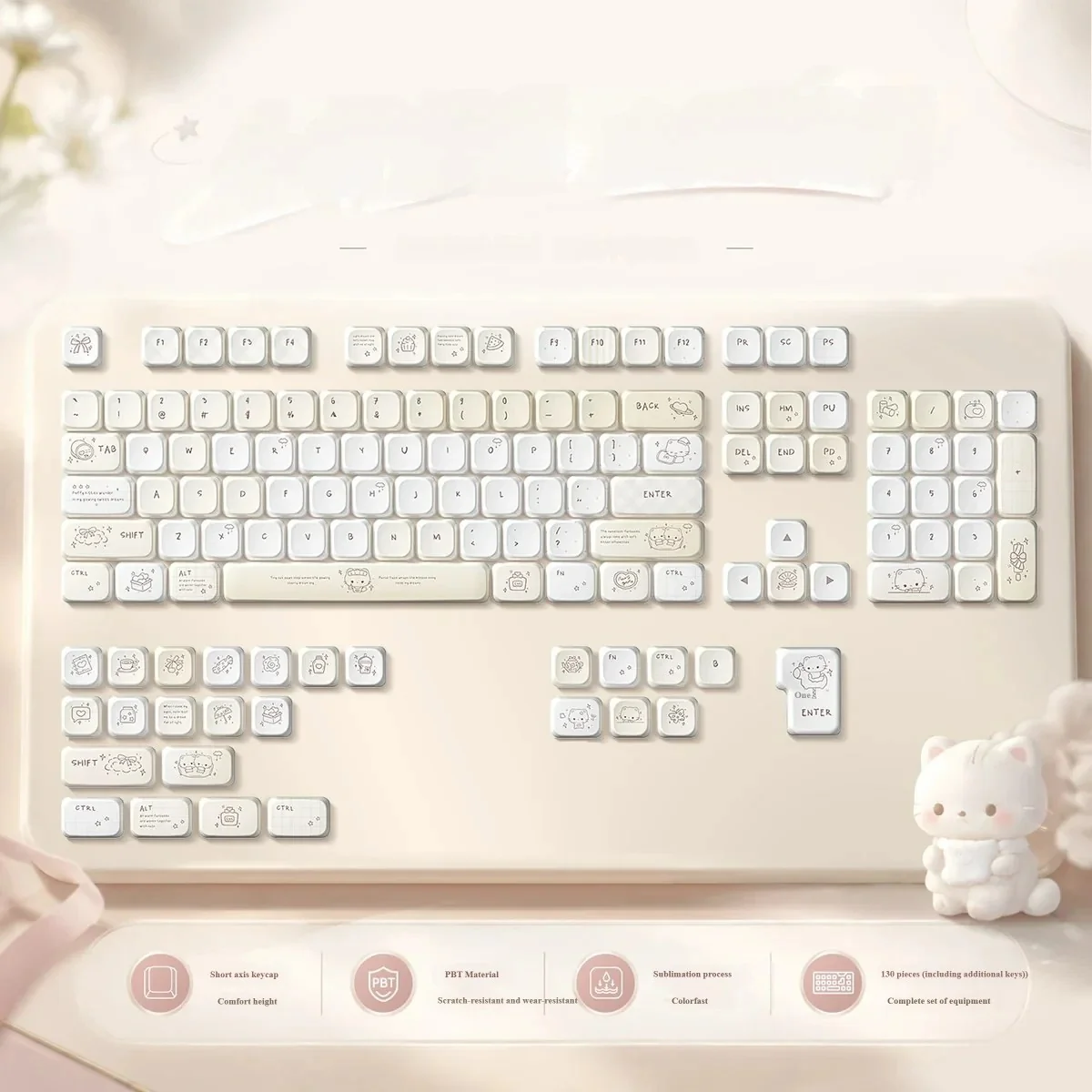 A playful close-up of Lemon Cream Low Shaft PBT dye-sub keycaps in soft pastel yellows and creams, showcasing their minimalist charm.