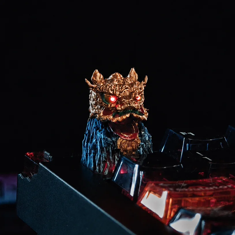 Handcrafted Lion Head of Opulence Keycap: a vibrant, intricate Black Myth Wukong-inspired artisan piece merging Chinese folklore and gaming art.