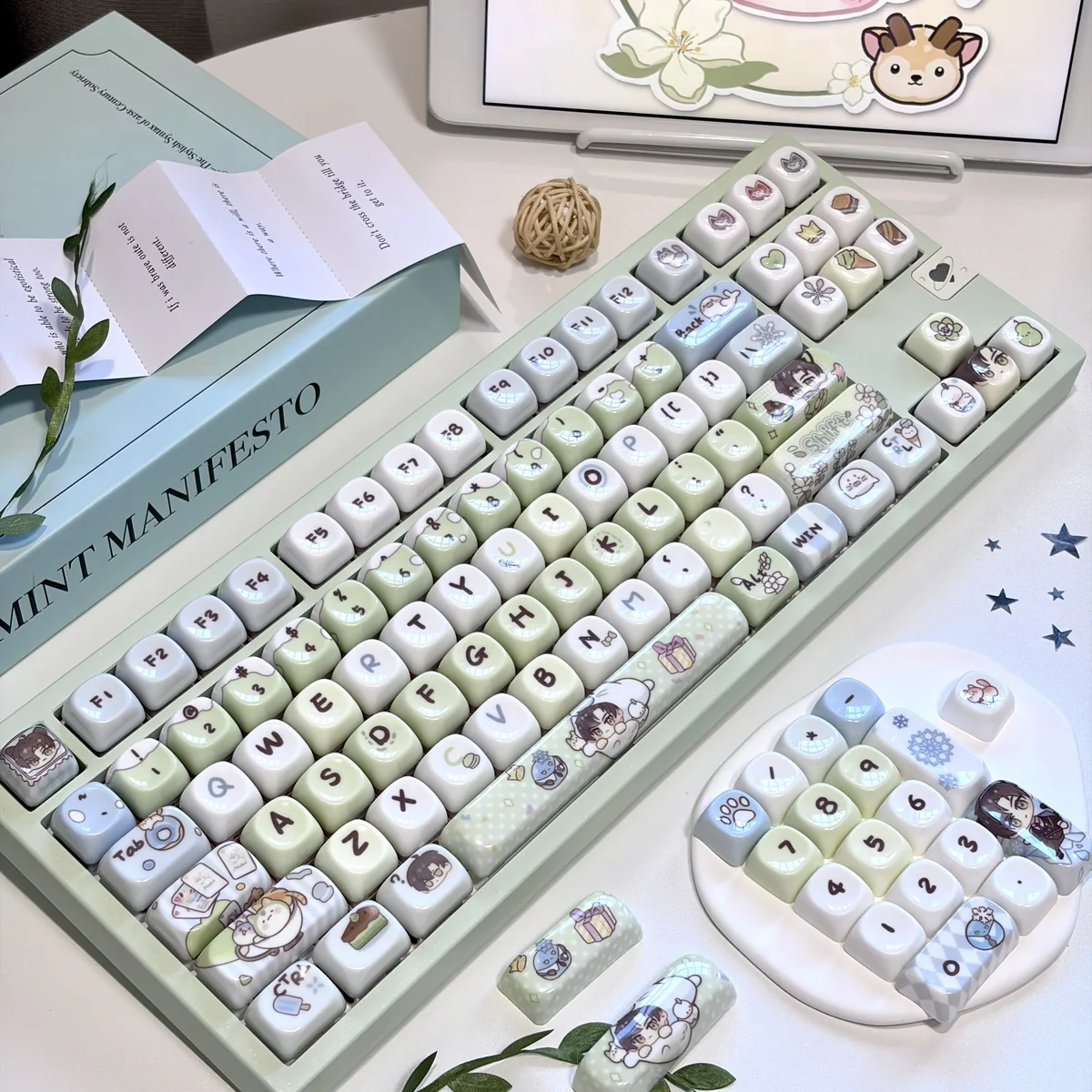 Exclusive Love and Deepspace Zayne & Rafayel & Xavier PBT keycaps. Smooth jade-like finish, elegant character designs, romantic aesthetics, showcasing premium art.