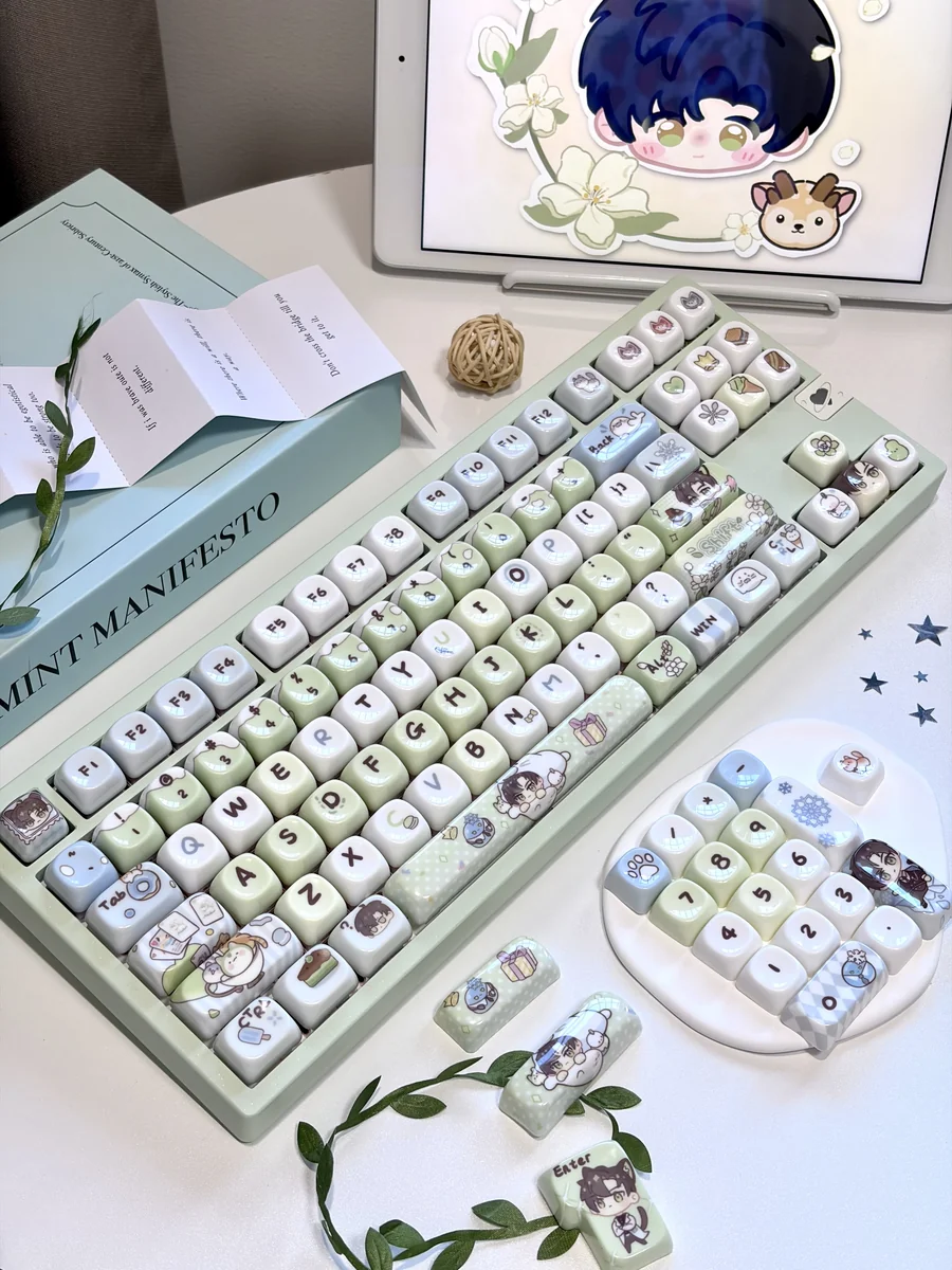 Exclusive Love and Deepspace Zayne & Rafayel & Xavier PBT keycaps, showing their smooth jade-like finish, elegant character art, and romantic aesthetics from diverse angles.