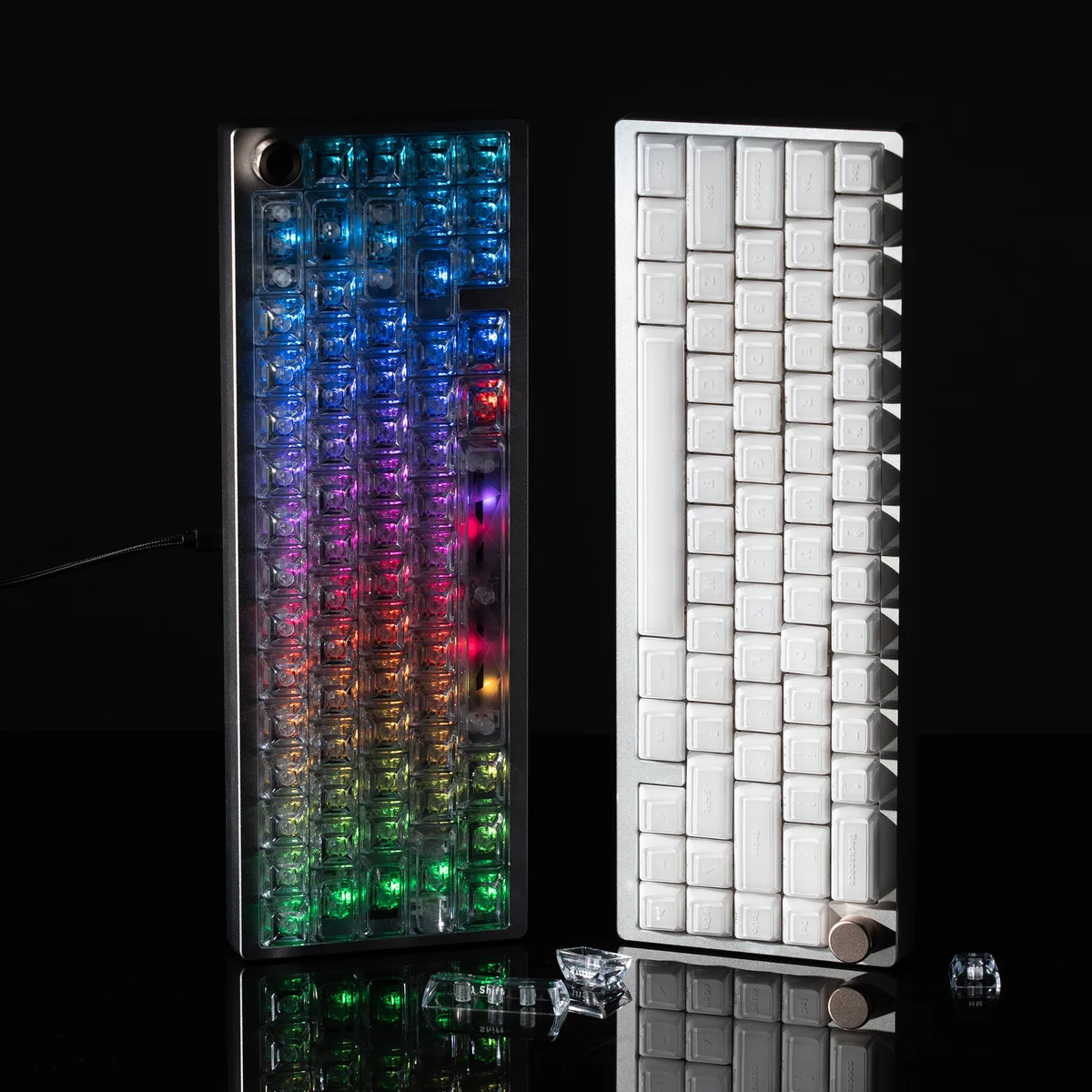 Crystal blue luminous ASA PC keycaps, displayed from multiple angles, highlighting their translucent design, ethereal glow, and sleek.