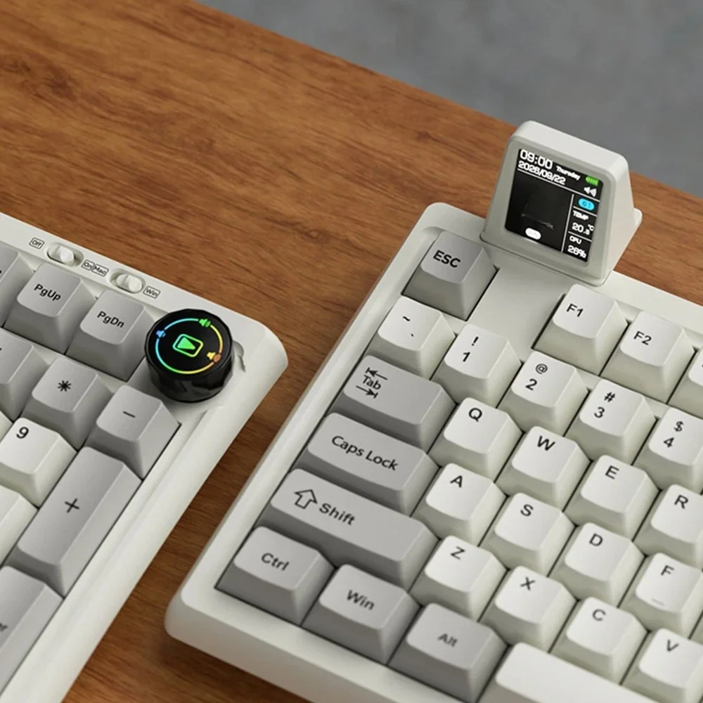 Luna Grid98 tri-mode mechanical keyboard, sleek and modern. Customizable RGB, and smart display shown from various premium views.