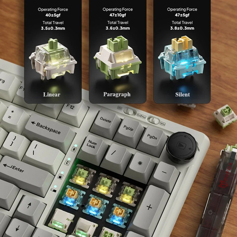 Detailed views of the Luna Grid98 tri-mode mechanical keyboard, showcasing its sleek modern design, premium feel, and customizable RGB backlit.
